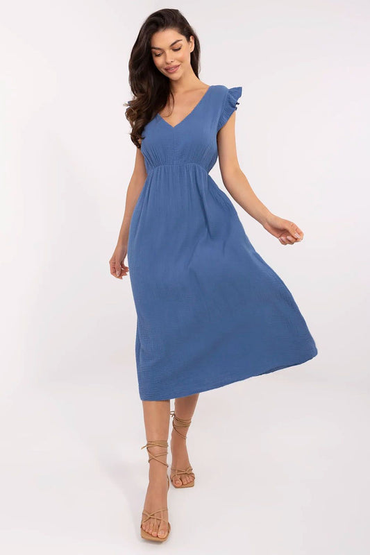 Lightweight cotton midi daydress with ruffle sleeves and sweetheart neckline by Italy Moda, perfect for summer elegance.