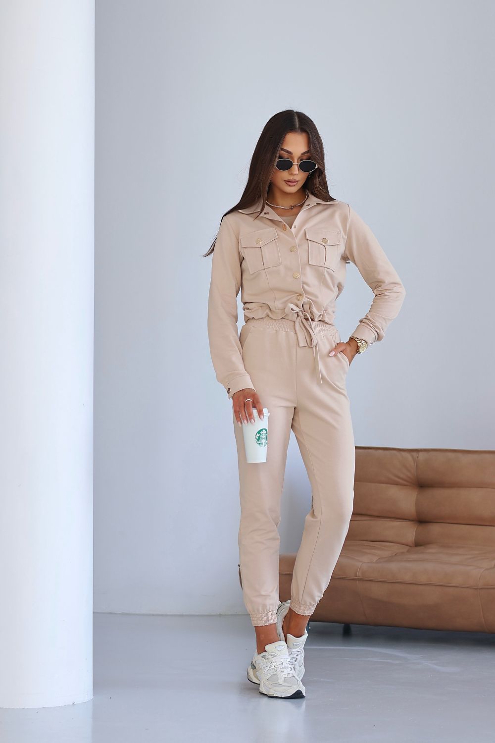 Luxury beige Milano 3-piece tracksuit set for women by LaBalancia, featuring a stylish hoodie, comfortable t-shirt, and fashionable pants, all crafted from high-quality cotton for a chic and cozy look.