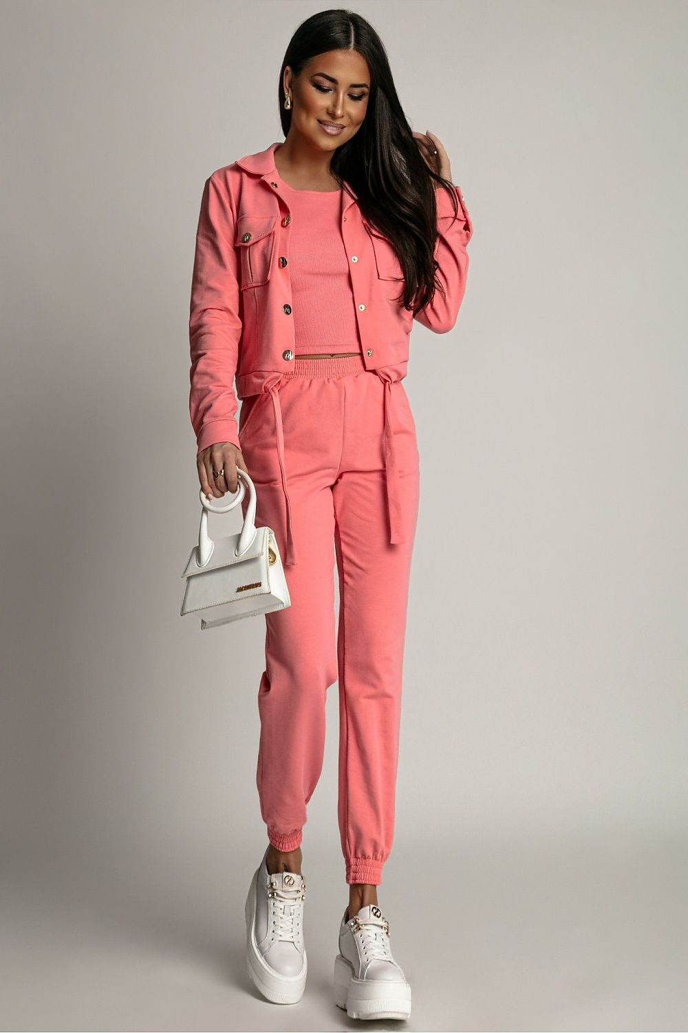 LaBalancia's luxurious beige Milano tracksuit set displayed on a model, epitomizing trendy athleisure style and unmatched comfort.