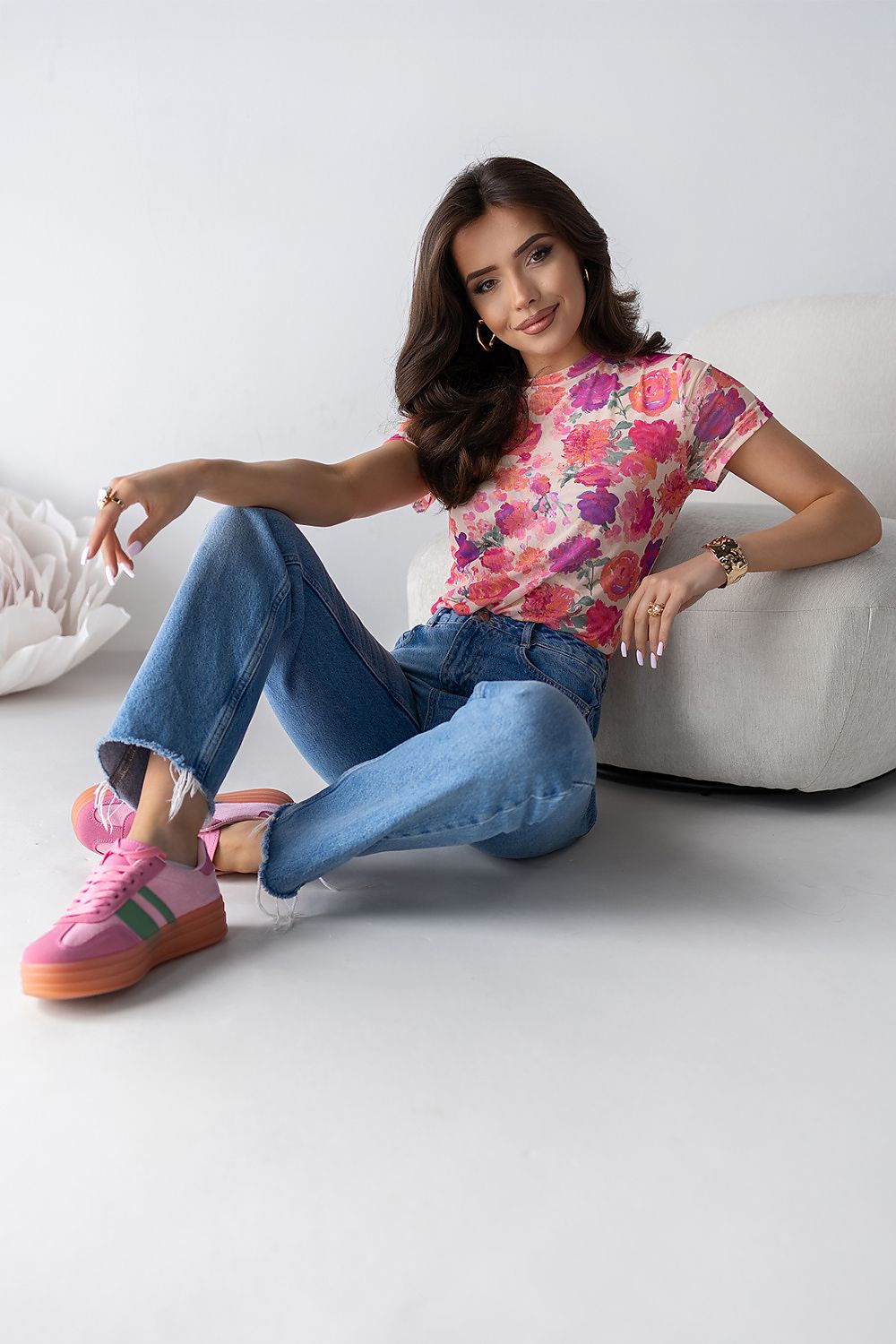 LaBalancia tulle blouse with short sleeves showcasing a chic print design, highlighting its elegance and feminine charm.