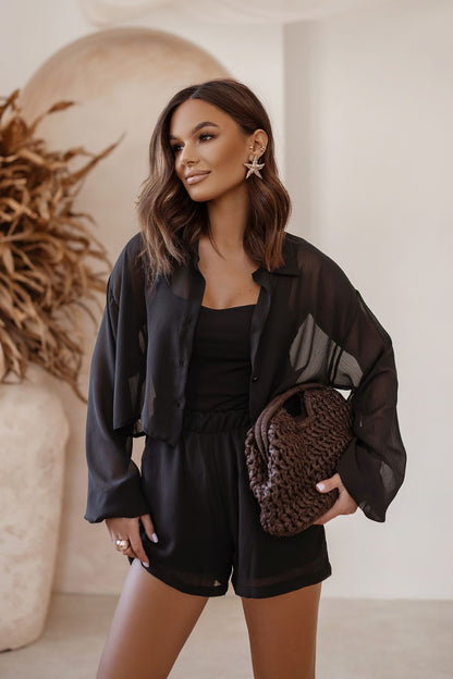 Sophisticated LaBalancia women's set displayed on a mannequin, incorporating a stylish shirt, bodysuit, and shorts, perfect for summer outings.