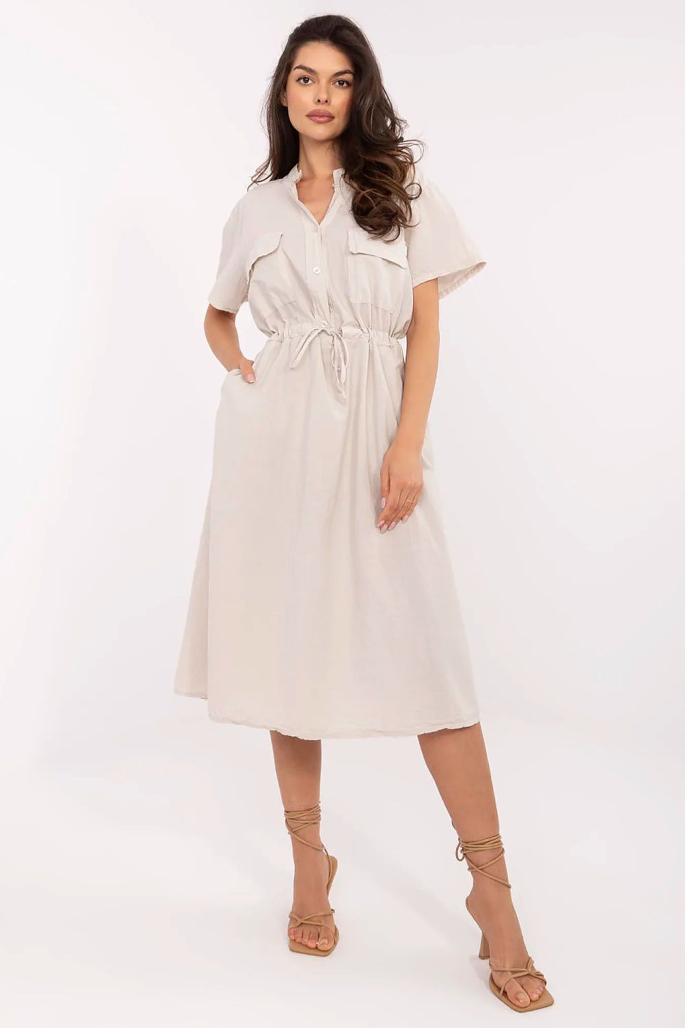 Elegant cotton midi summer dress by Italy Moda featuring a sweetheart neckline and decorative pockets, perfect for warm weather occasions.