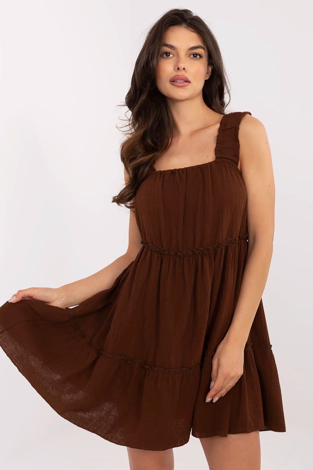 Elegant Airy Cotton Summer Daydress by Italy Moda, showcasing a flared cut, ruffled hem, and chic square neckline, perfect for luxurious summer outings.