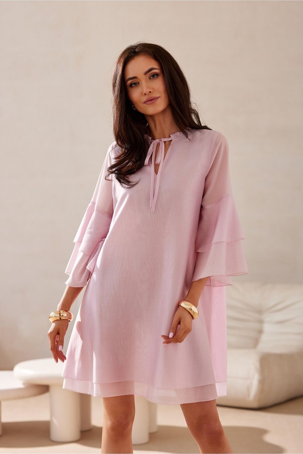 Chic knee-length Roco Fashion cocktail dress with a low stand-up collar, perfect for any occasion, made from breathable Lyocell.