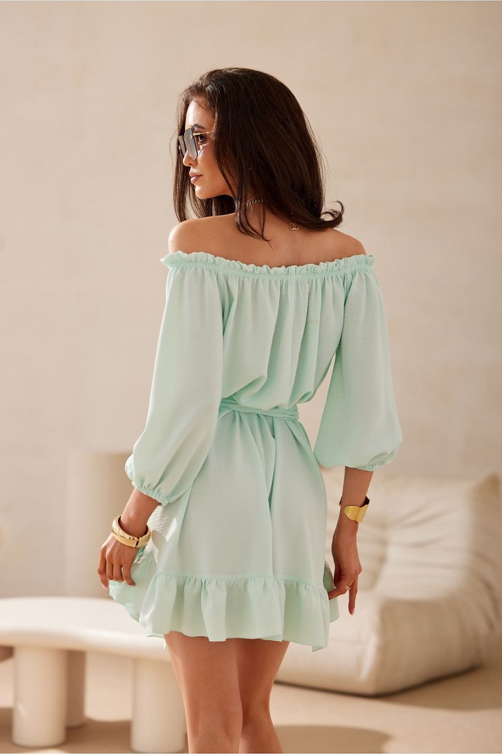 Elegant Giulia Dress by Roco Fashion featuring a stunning Spanish neckline and delicate ruffle hem, perfect for summer occasions.