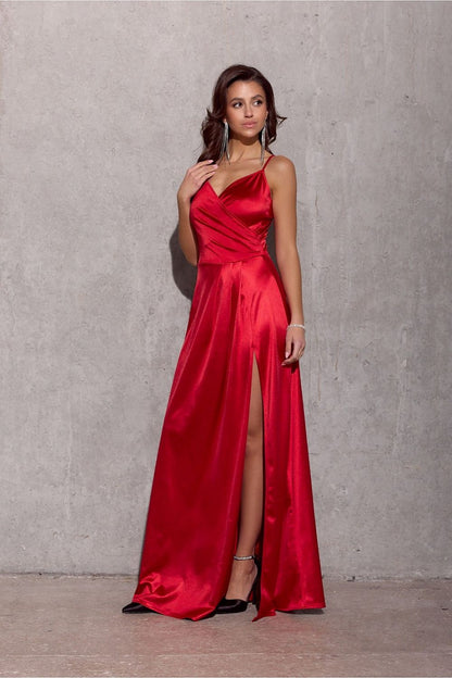 Elegant satin long Salma dress with slit by Roco Fashion, showcasing a graceful silhouette and feminine neckline.