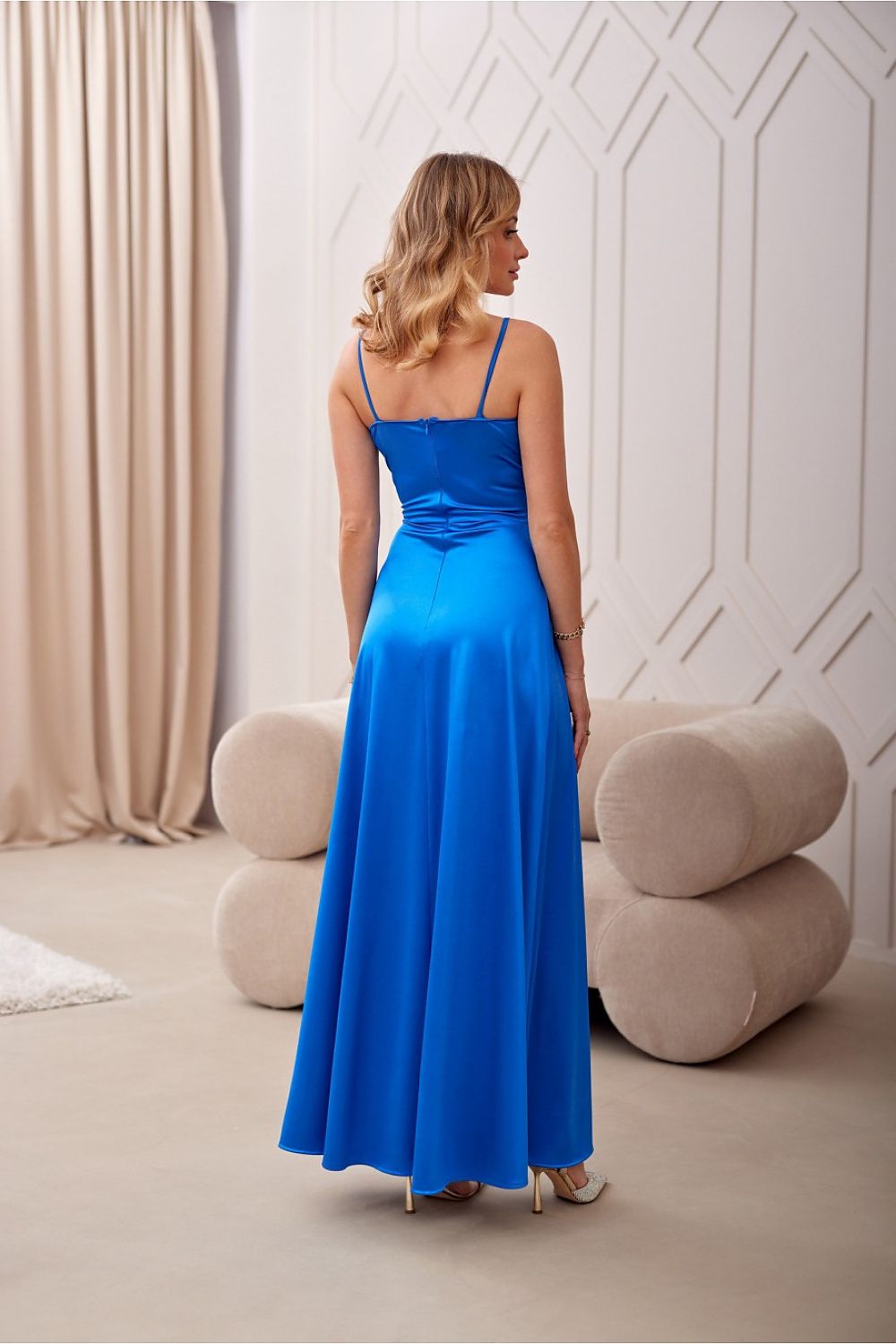 Back view of the Elegant Satin Long Salma Dress by Roco Fashion, displaying the concealed zipper and graceful silhouette.