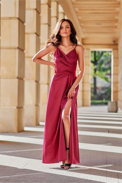Model wearing the Elegant Satin Long Salma Dress with a slit, epitomising luxury and femininity, designed by Roco Fashion.