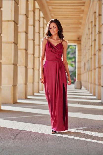 Elegant satin long Salma dress with slit by Roco Fashion in soft satin, showcasing a gathered wrap neckline and thin straps perfect for any elegant occasion.