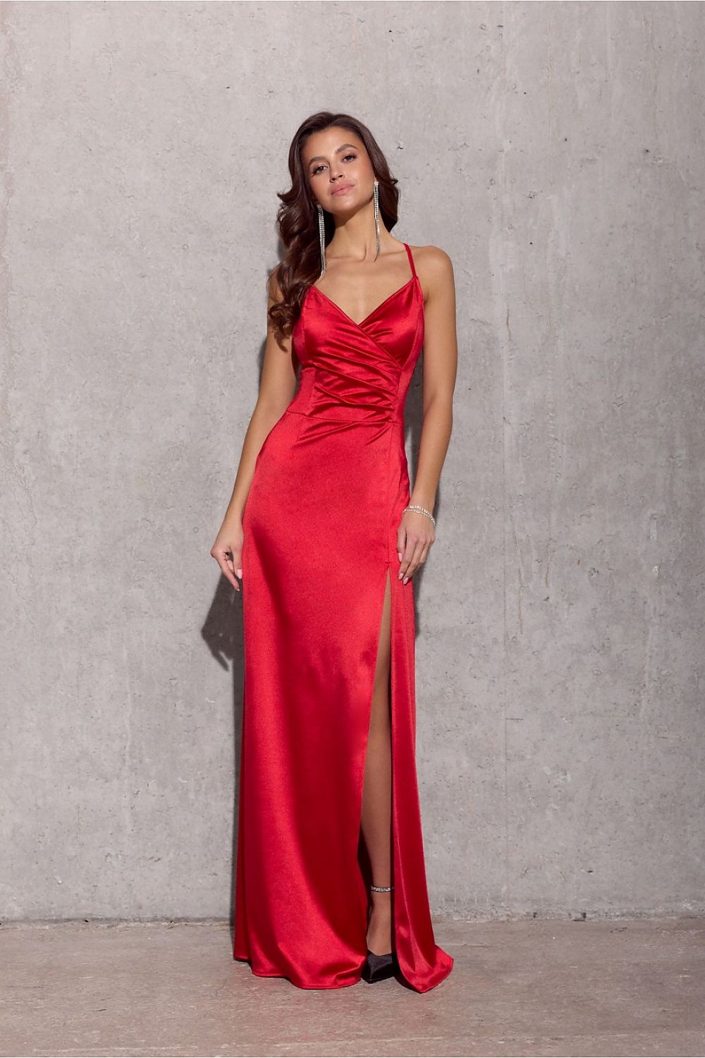 Elegant Alessandra Maxi Dress by Roco Fashion featuring a luxurious satin fabric and bold wrap neckline, designed for a sophisticated silhouette.