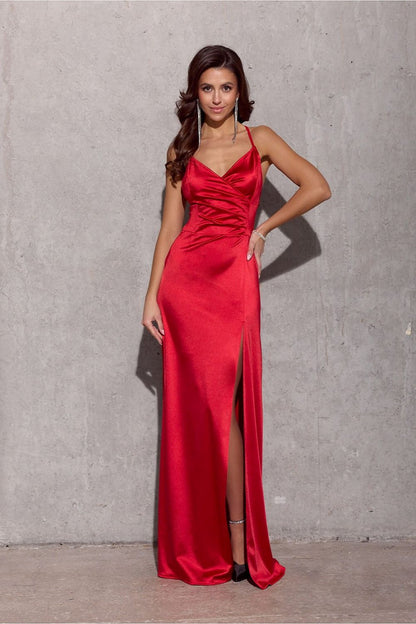 Side view of the Alessandra Maxi Dress by Roco Fashion, highlighting the thigh-high slit and maxi length for an enchanting look.