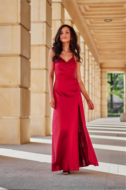 Full-length view of the striking Alessandra Maxi Dress by Roco Fashion, showcasing its maxi length and thigh-high slit that exude sophistication and allure.