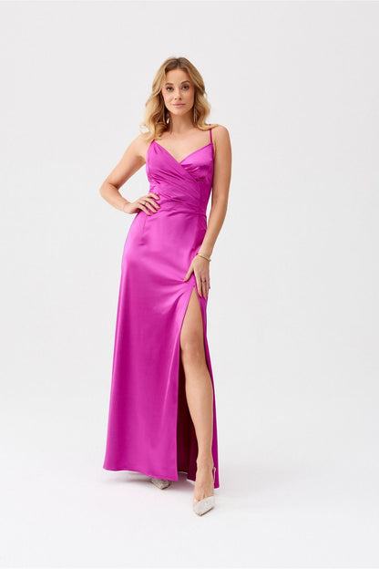 Elegant Alessandra Maxi Dress by Roco Fashion featuring a sophisticated satin fabric with a wrap neckline, perfect for enhancing feminine silhouettes.