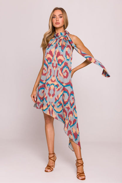 Enchanting Moe Daydress in vibrant colourful jacquard fabric featuring an asymmetrical hem, perfect for summer outings.