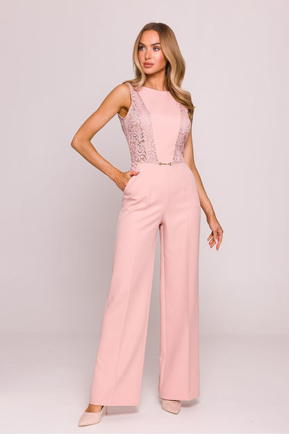 Elegant geometric lace jumpsuit by Moe, showcasing a fitted sleeveless design with intricate lace panels accentuating the silhouette.