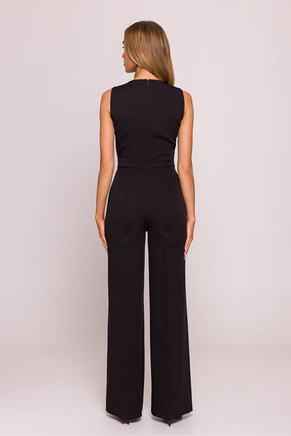 Elegant Geometric Lace Jumpsuit by Moe, featuring a fitted sleeveless design with intricate lace panels and wide, long legs for a sophisticated silhouette.