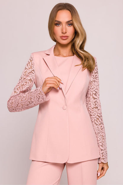 Elegant Lace Sleeve Blazer Jacket by Moe, tailored fit with luxurious lace details, perfect for formal or casual use.
