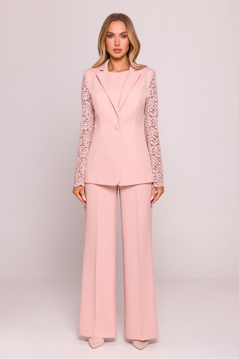 Stylish lace-paneled blazer jacket by Moe, showcasing timeless fashion suitable for sophisticated occasions.