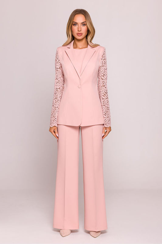 Stylish lace-paneled blazer jacket by Moe, showcasing timeless fashion suitable for sophisticated occasions.