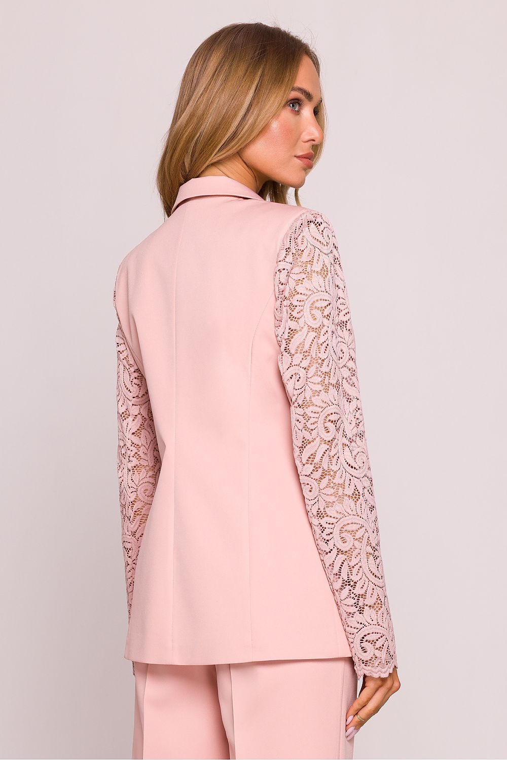 High-quality blazer jacket with lace sleeves by Moe, designed to enhance silhouette for any wardrobe.