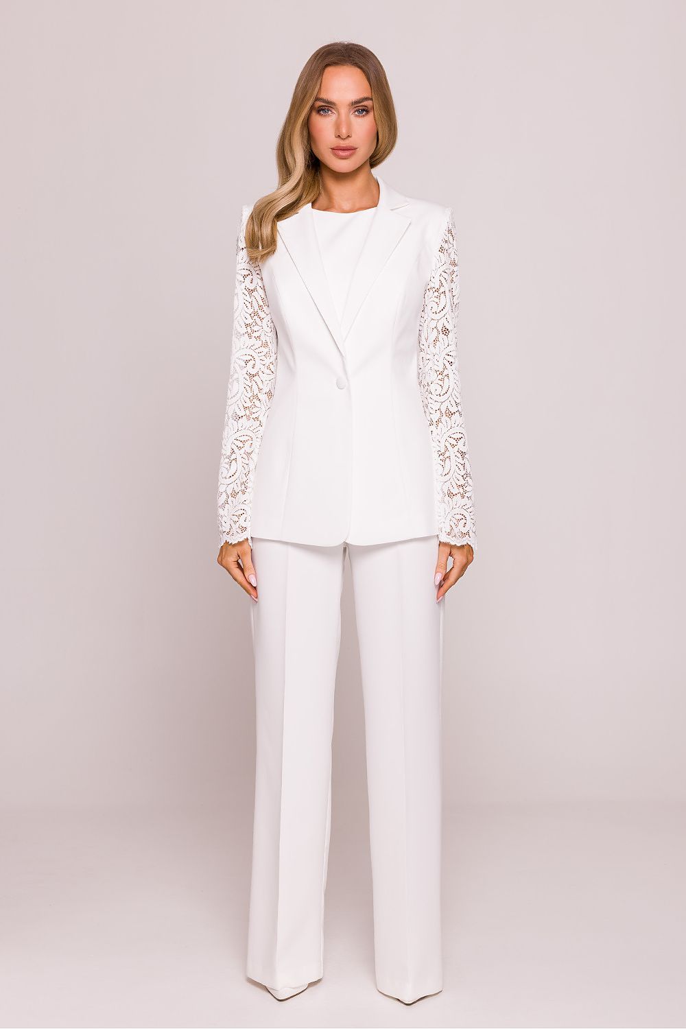 Elegant Lace Sleeve Blazer Jacket by Moe, showcasing intricate lace sleeves and a sophisticated collar, perfect for formal or casual occasions.