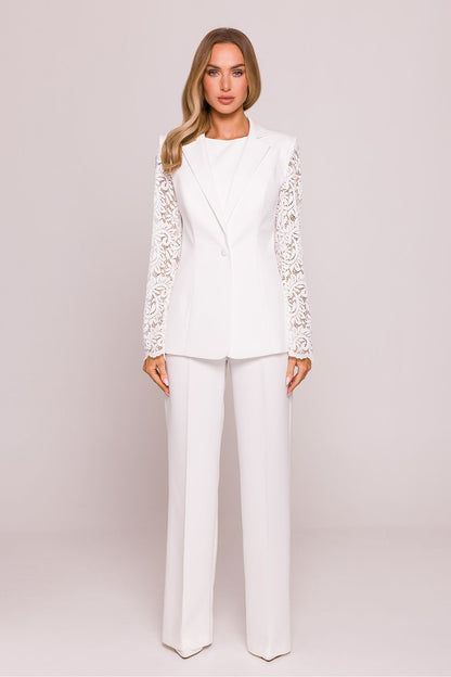 Elegant Lace Sleeve Blazer Jacket by Moe, showcasing intricate lace sleeves and a sophisticated collar, perfect for formal or casual occasions.