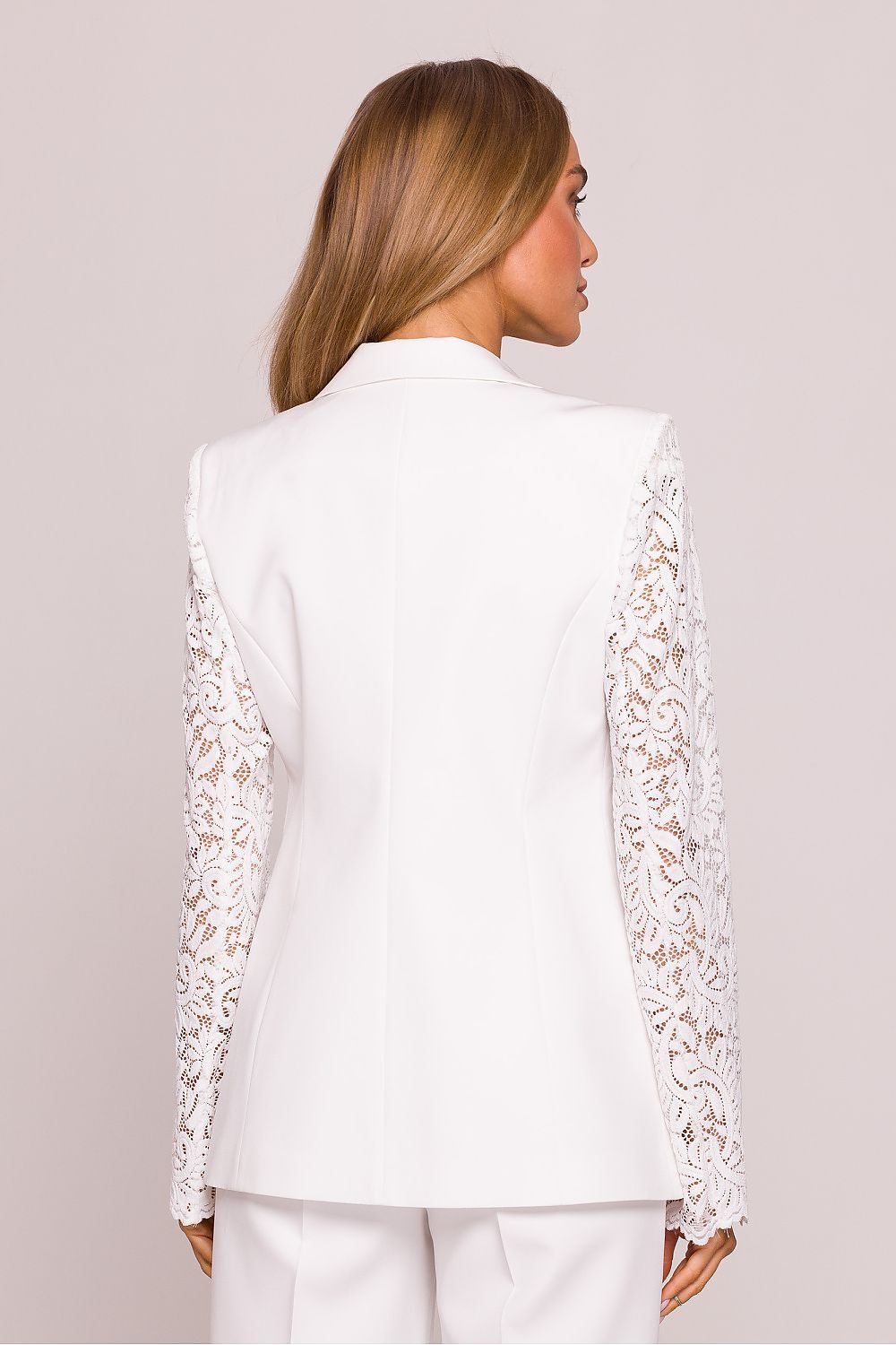 Close-up of the lace detail on the Elegant Lace Sleeve Blazer Jacket by Moe, highlighting its luxurious and feminine design elements.