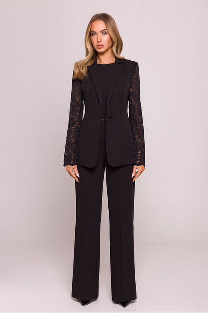 Elegant Lace Sleeve Blazer Jacket by Moe, displayed with a model showcasing its hip-length design and seamless blend of elegance and contemporary style.