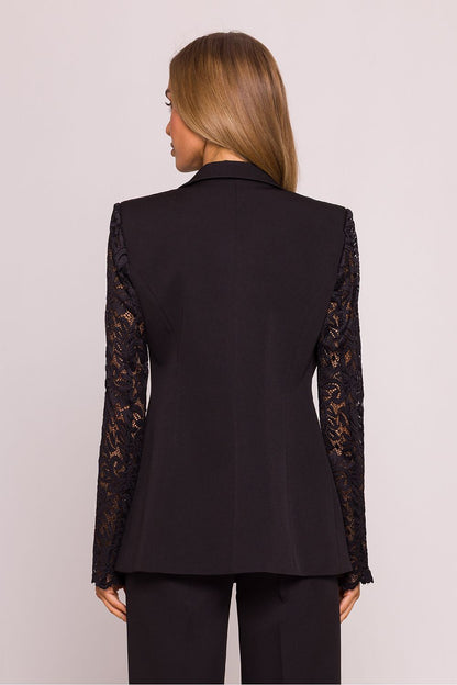Back view of the Elegant Lace Sleeve Blazer Jacket by Moe, demonstrating its polished look and quality craftsmanship, suitable for diverse styling options.