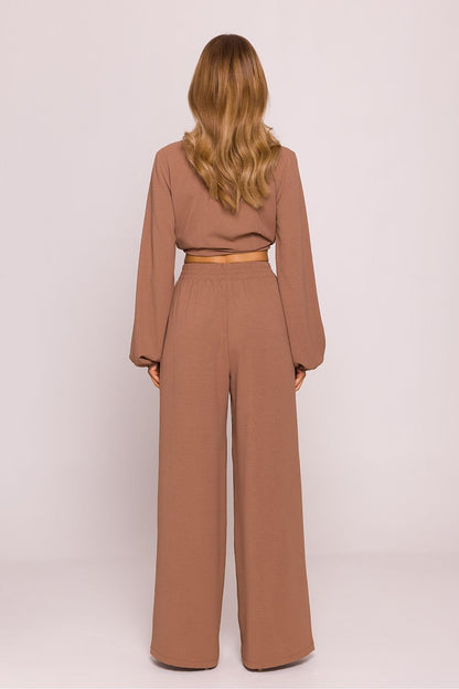 Moe Women's Lightweight Crepe Trousers styled for an elegant look, featuring wide long legs ideal for comfortable and chic wear.