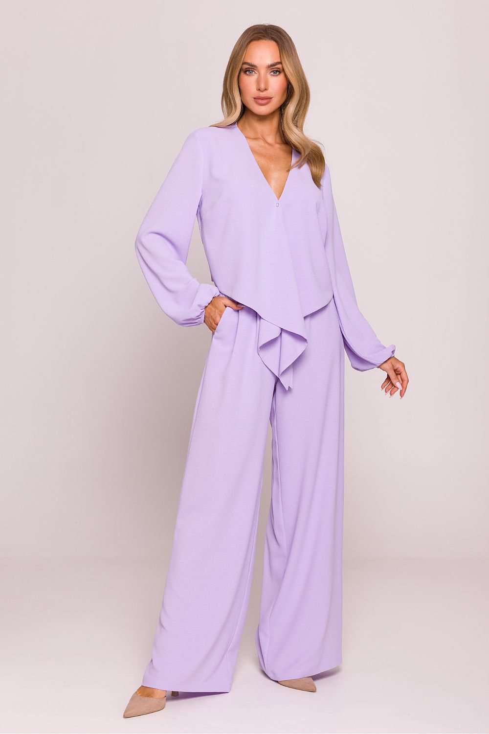 Elegant deep V-neck design of the Moe Luxury Crepe Crop Blouse highlighting its romantic character.