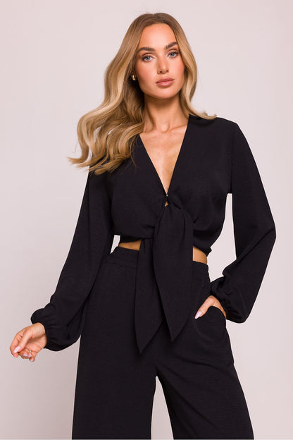 Close-up of Moe's Luxury Crepe Crop Blouse showcasing the quality fabric and sophisticated design details including an elastic band finish.