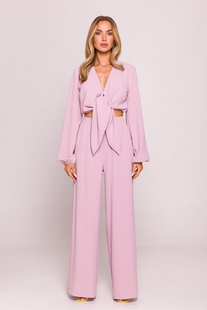 Luxury crepe crop blouse featuring a deep V-neckline and puffy sleeves by Moe, available in sizes S to XXL, perfect for elevating any outfit with a romantic touch.