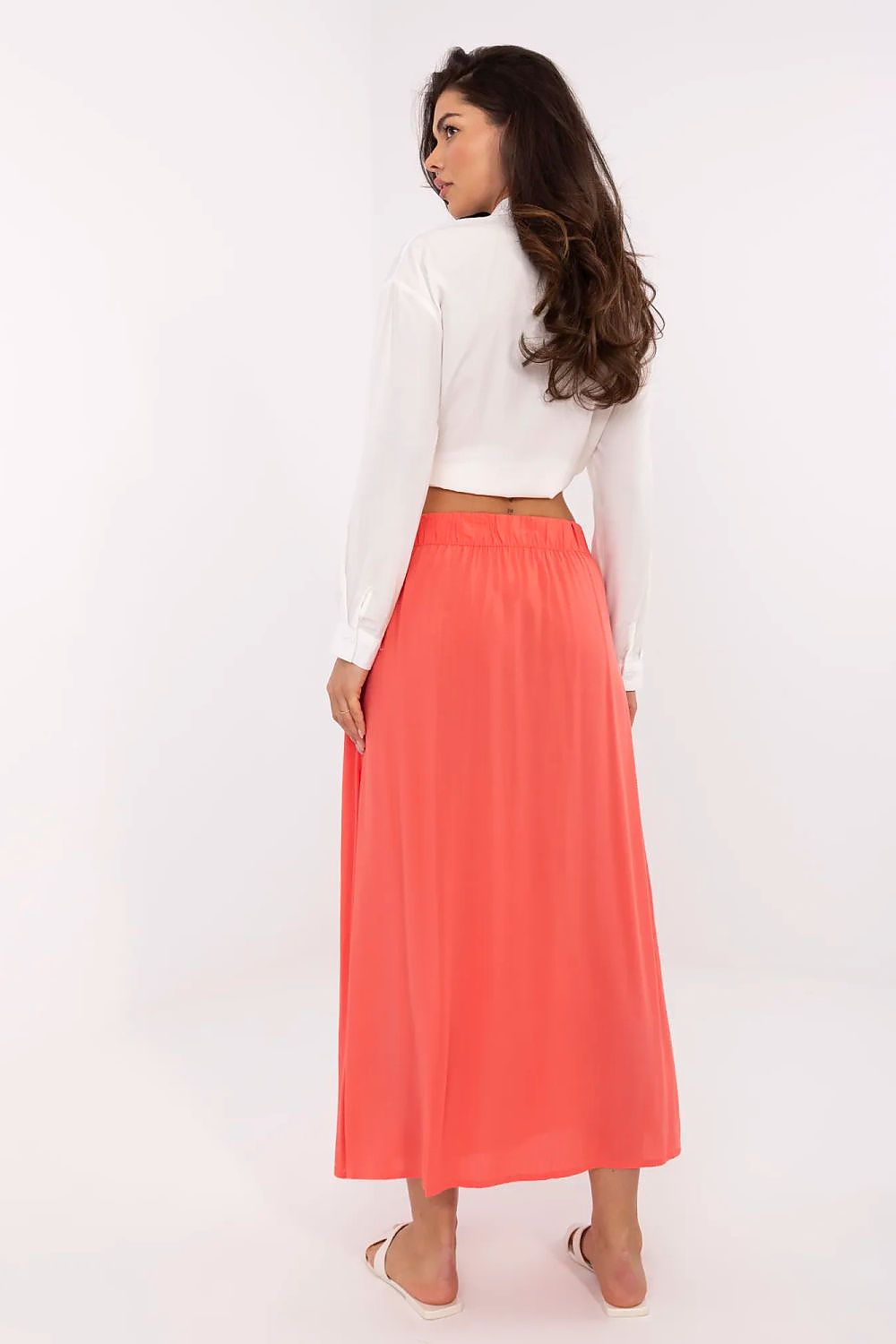 Model wearing Fresh Made Elegant Eco-Friendly Midi Skirt showcasing its flowy silhouette and eco-conscious design.