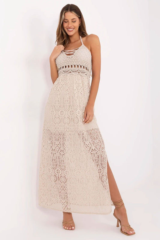 Elegant boho-style maxi dress by Italy Moda featuring delicate lace detail, padded cups, and tailored fit, ideal for summer outings and romantic occasions.