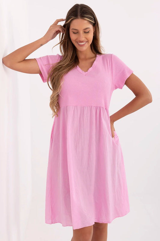 Knee-Length Flared Dress by Italy Moda featuring a ribbed top and elegant sweetheart neckline, designed for comfort and style, showcasing pockets and perfect for summer occasions.