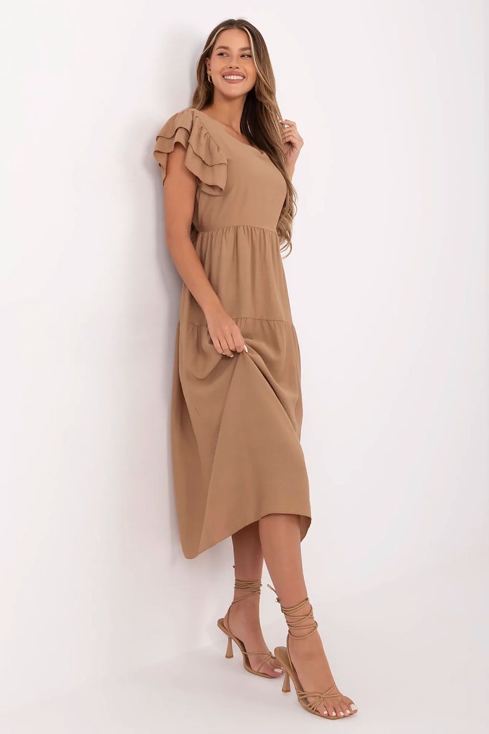 Elegant Midi Daydress by Italy Moda made from breathable viscose and nylon, featuring a flared cut and subtle waist tie, perfect for stylish summer occasions.