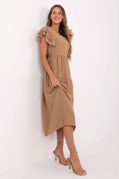 Elegant Midi Daydress by Italy Moda made from breathable viscose and nylon, featuring a flared cut and subtle waist tie, perfect for stylish summer occasions.