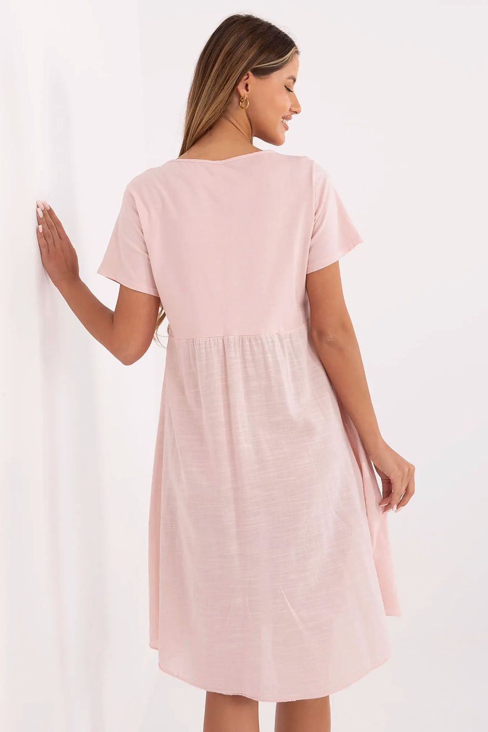 Light flared summer dress by Italy Moda, made from 100% cotton, featuring knee-length design, girlish charm with side pockets, retro buttons, and perfect for comfortable summer styling.