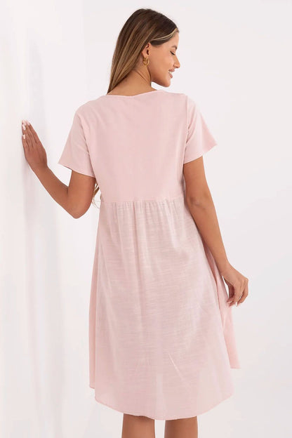 Light flared summer dress by Italy Moda, made from 100% cotton, featuring knee-length design, girlish charm with side pockets, retro buttons, and perfect for comfortable summer styling.