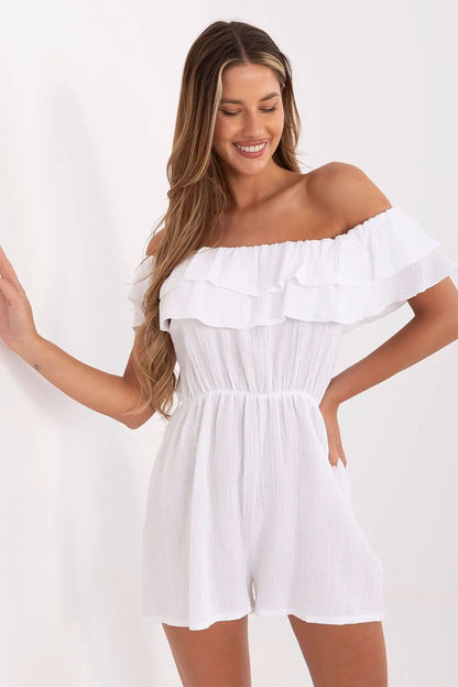 Elegant off-the-shoulder cotton jumpsuit by Italy Moda, showcasing a lightweight and airy design perfect for summer casual wear in EU size 0.