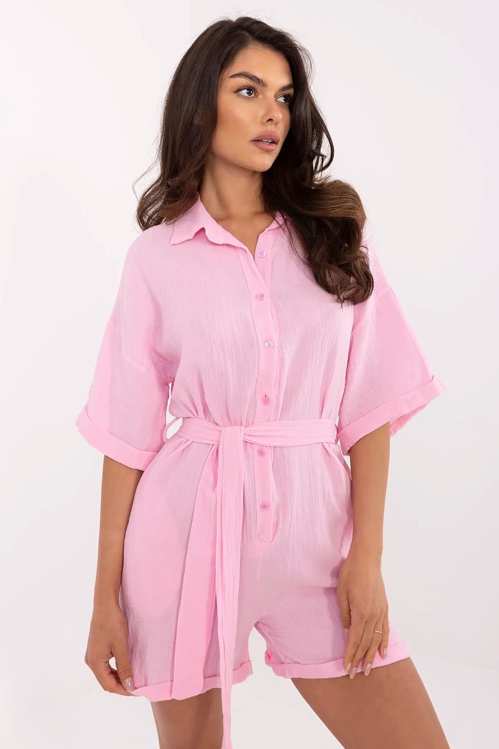 Luxury 100% Cotton Muslin Jumpsuit with belt and short sleeves from Italy Moda, perfect for summer stylizations.