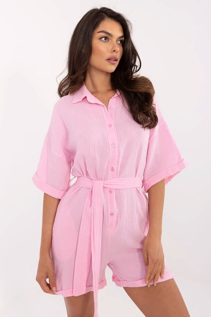 Luxury 100% Cotton Muslin Jumpsuit with belt and short sleeves from Italy Moda, perfect for summer stylizations.