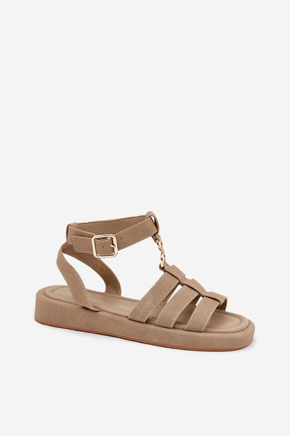 Luxury Women's Eco Suede Sandals with Golden Detail by Step in Style, featuring an adjustable buckle and comfortable insole, ideal for stylish wear.
