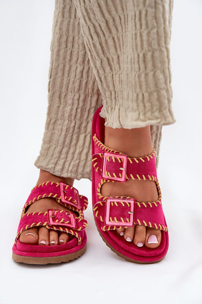 Comfortable and stylish luxury suede flip-flops for women, adorned with decorative buckles by Step in Style.