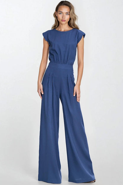 Elegant Linen-Blend Jumpsuit by Nife featuring a boat neckline and palazzo pants, ideal for summer outings and special occasions.