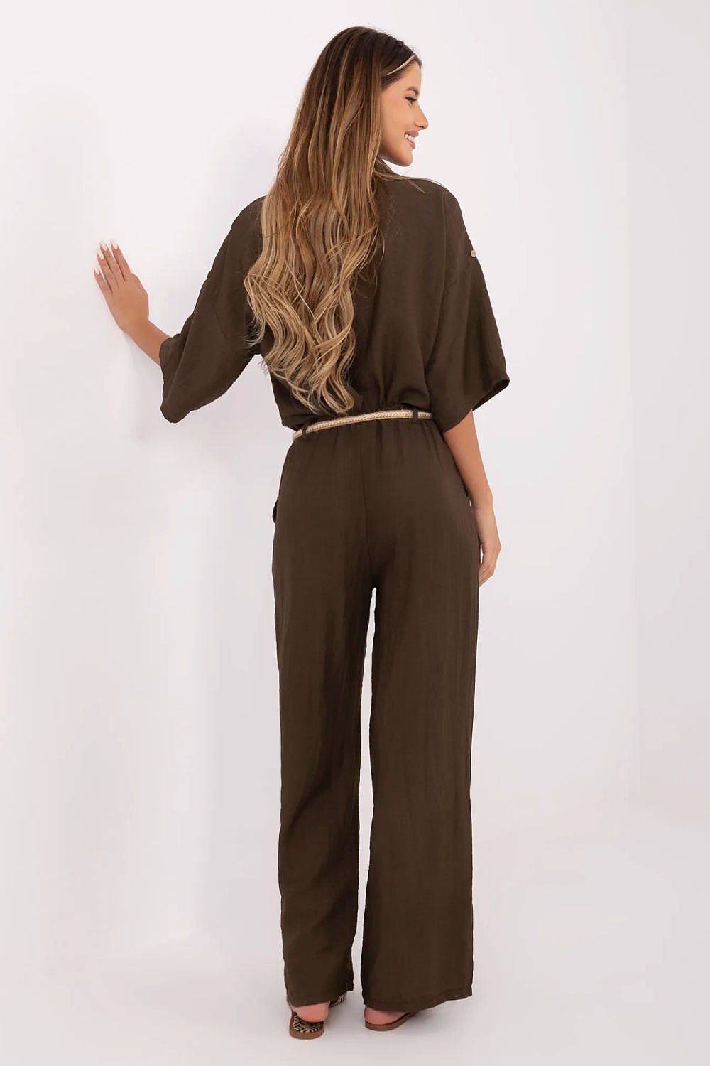Italy Moda Women's Boho Trousers in breathable viscose-linen blend, highlighting high-waisted wide leg design, perfect for elegant summer outfits.