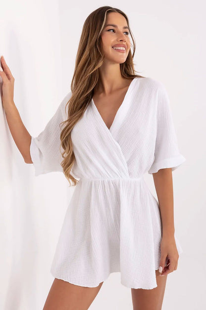 Elegant Italy Moda summer cotton muslin jumpsuit featuring a wrap neckline and short sleeves, perfect for chic summer outings.