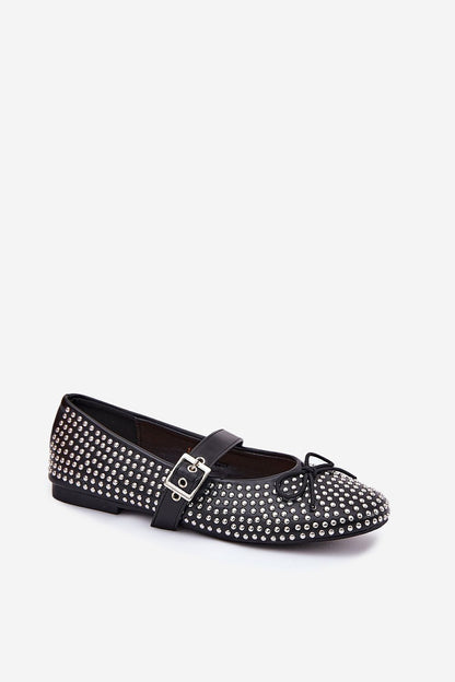 Chic black ballet flats with an adjustable strap and bow from Step in Style, blending elegance with versatility for any outfit.