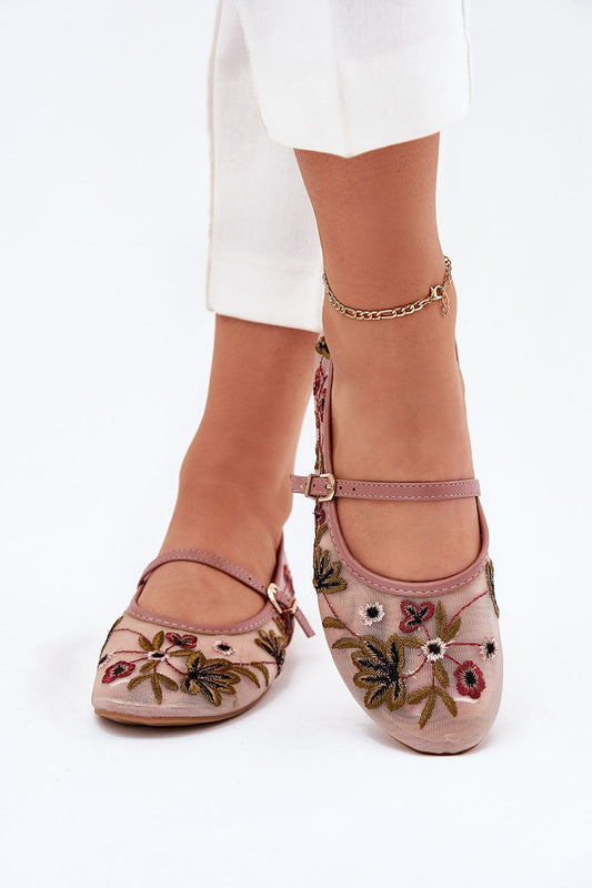 Elegant floral embroidered ballerina flats for women by Step in Style, featuring adjustable straps and a sophisticated design, perfect for versatile styling.